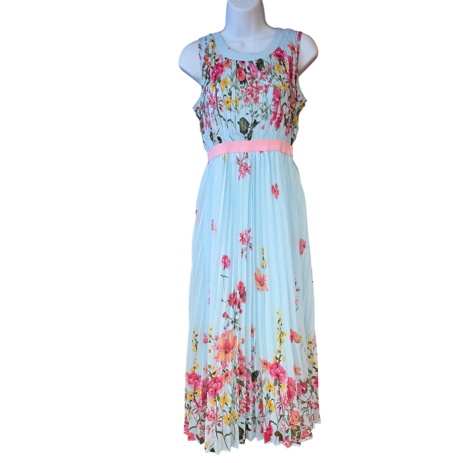 Rare Editions Girls' Floral Chiffon Maxi Dress In Mint, Cinched Waistline Sz 14